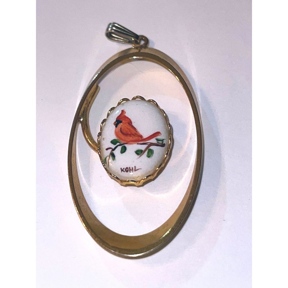 Vintage Elegant Hand Painted Cardinal on Branch Gold Tone Pendant Signed Kohl